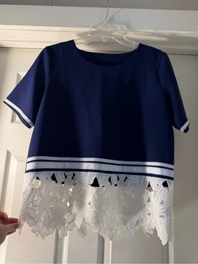 Goodnight Macaroon Navy Blue Top with White Floral Lace Hem